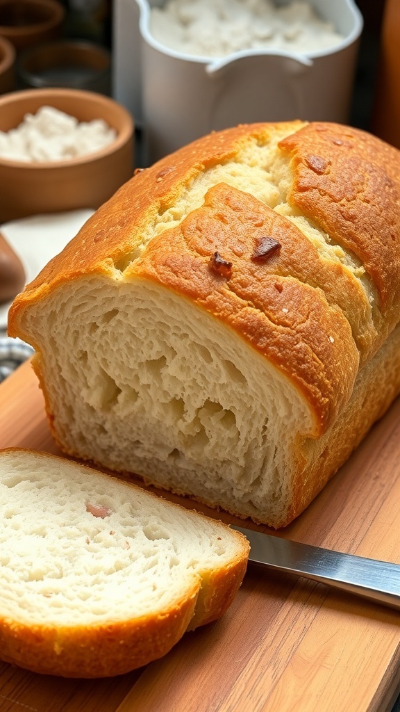 A golden brown loaf of bread sliced to show its fluffy interior, on a wooden cutting board.